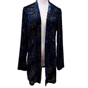 Susan Graver Blue Floral Burnout Velvet Cardigan Medium Sheer Office Fall Winter